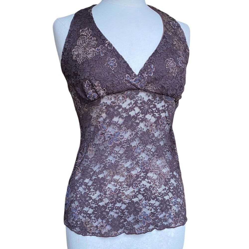 Vintage Weather Vane Y2K Babydoll Floral Lace Halter Top Brown Whimsigoth 90s-L
